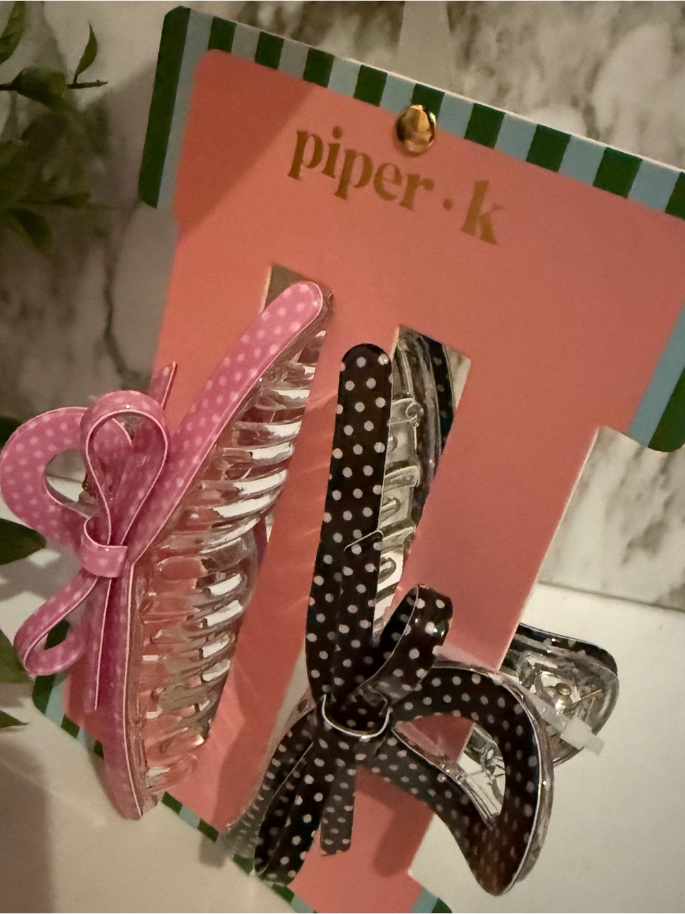 Piper K Polka Dot Bow Hair Claw Clips ~ Pink and Black 2-Pack - Picture 3 of 5
